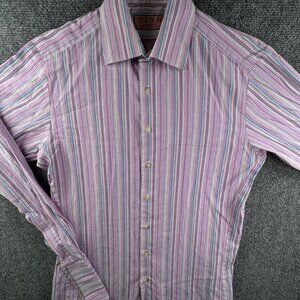Thomas Pink Long Sleeve Button Up Shirt Men Striped Pink 14.5 Small Cotton